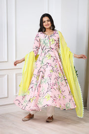 Light Pink & Yellow Cotton Linen Suit Set With Dupatta