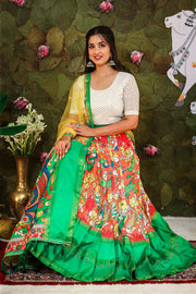 Red White & Green Combination Croptop & Skirt With Yellow Dupatta
