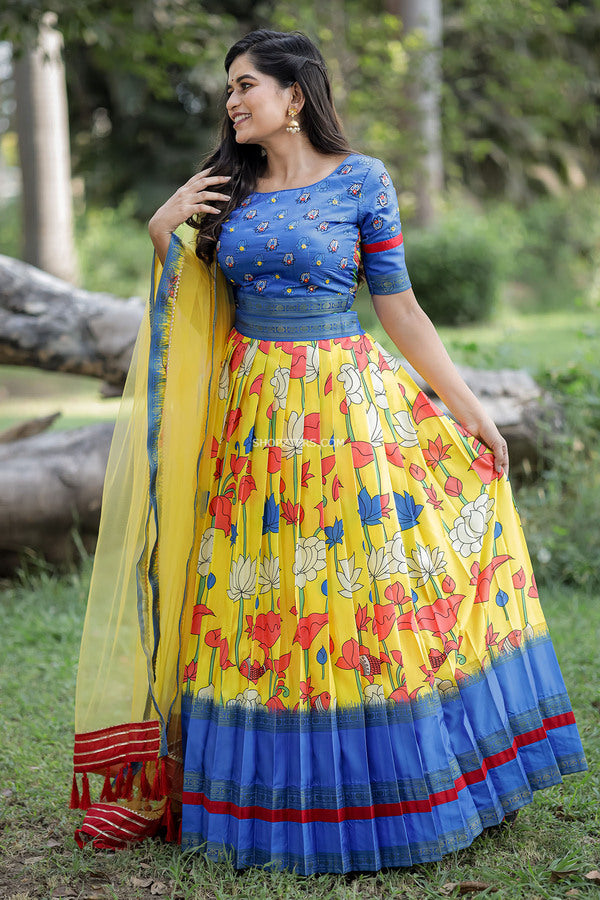Blue Banarasi Crop top With Yellow Skirt