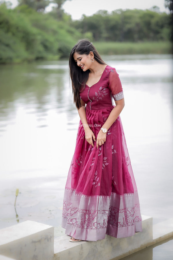 Wine Organza Maxi Dress With Silver Embroidery
