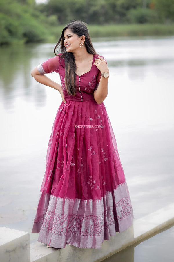 Wine Organza Maxi Dress With Silver Embroidery