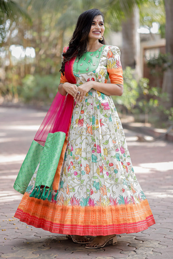 White Kalamkari Dress With Pink Net Dupatta