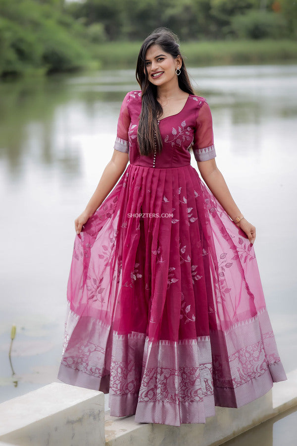 Wine Organza Maxi Dress With Silver Embroidery