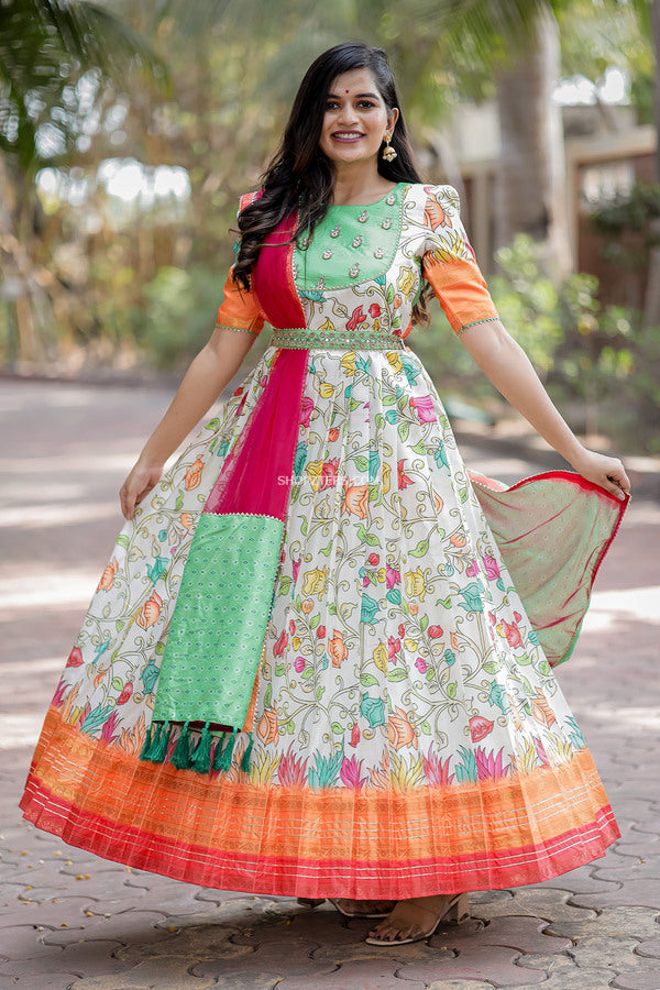 White Kalamkari Dress With Pink Net Dupatta