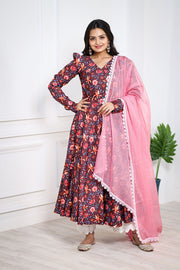 Brown & White Cotton Linen Suit set With Pink Dupatta