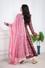 Brown & White Cotton Linen Suit set With Pink Dupatta