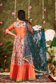 Dusty Pink Banarasi Silk Dress With Peacock Green Net Dupatta