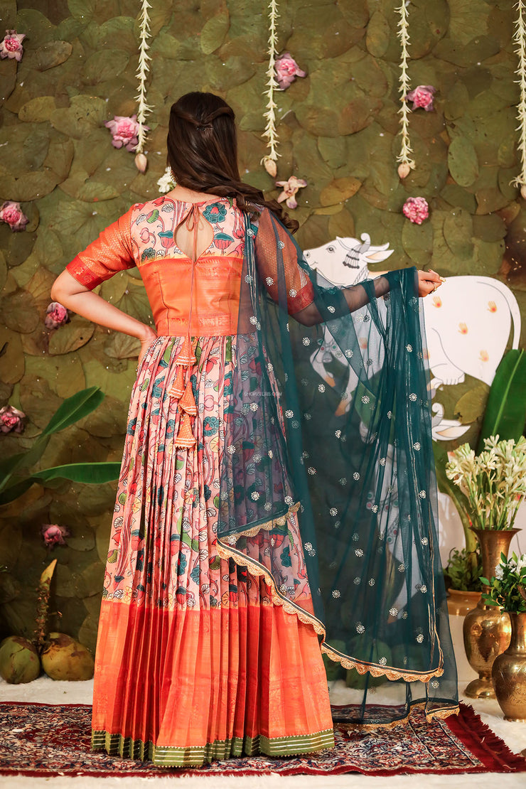 Dusty Pink Banarasi Silk Dress With Peacock Green Net Dupatta