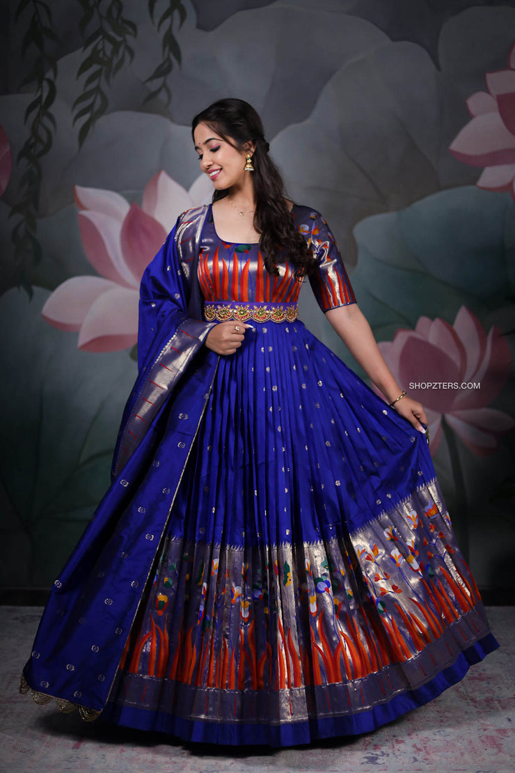 Royal Blue Paithani Silk Anarkali Dress