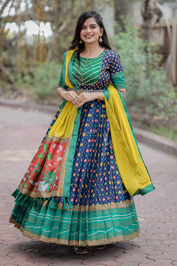 Navy Blue & Green Banarasi Silk Dress With Yellow Dupatta
