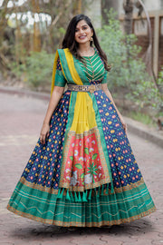 Navy Blue & Green Banarasi Silk Dress With Yellow Dupatta