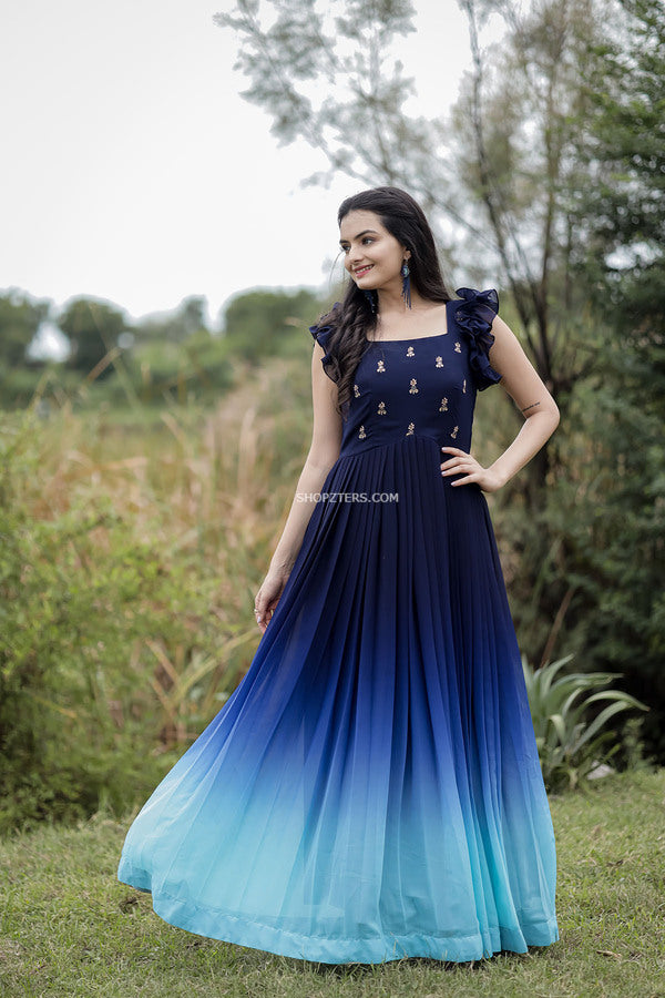 Sky blue color Indo Western gown – Panache Haute Couture
