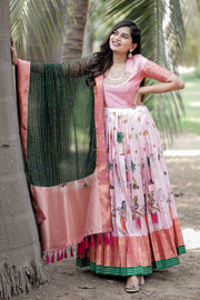 Crystal Pink Banarasi Silk Maxi Dress With Bottle Green Dupatta