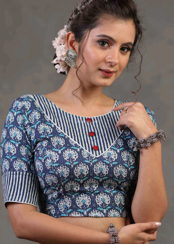 Blue Floral Kantha Blouse With Stripes