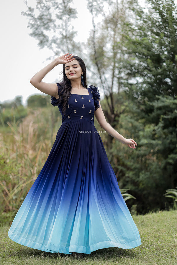 Navy Blue and Sky Blue Georgette Maxi Dress with Ruffle Sleeves – Shopzters
