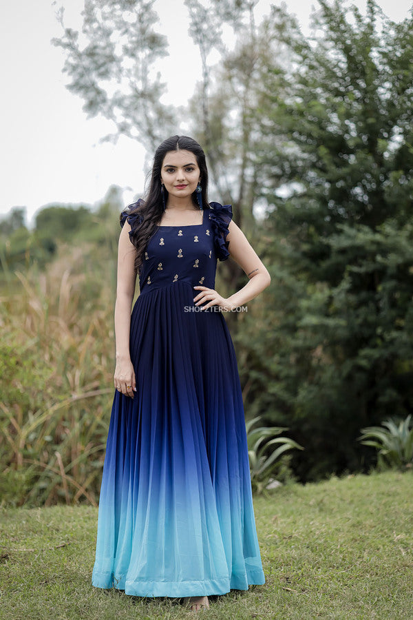 Navy Blue and Sky Blue Georgette Maxi Dress with Ruffle Sleeves
