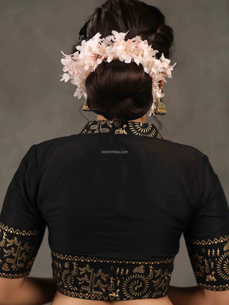 Black Cotton Silk Mandarin Collared Blouse