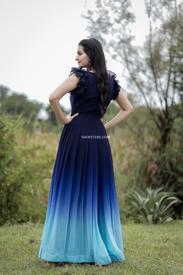 Buy Sky Blue Cutdana Net Designer Gown - Koskii