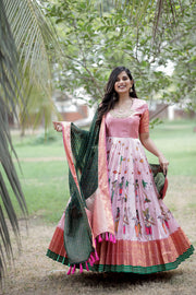 Crystal Pink Banarasi Silk Maxi Dress With Bottle Green Dupatta