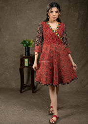 Red & Black Ajrakh Tunic With Kutch Work
