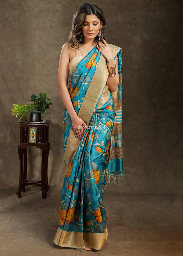Blue Pure Tussar Silk Saree With Kalamkari Design