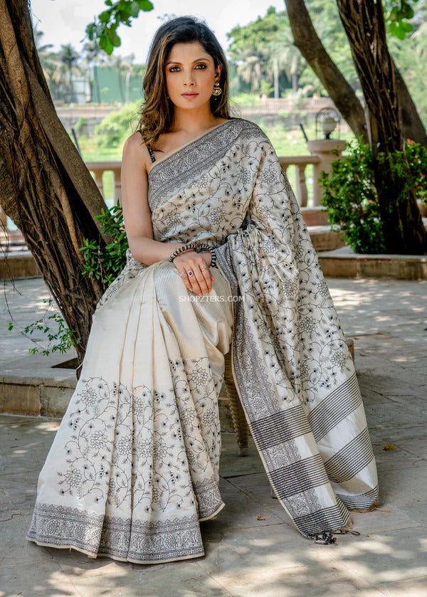 Off White Semi Silk Heavy Embroidered Saree