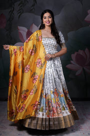 Off-White Kalamkari Dress with Yellow Dupatta
