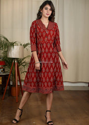Maroon Ajrakh Printed Midi Dress