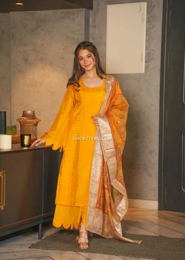 Yellow Silk Suit Set With Organza Dupatta