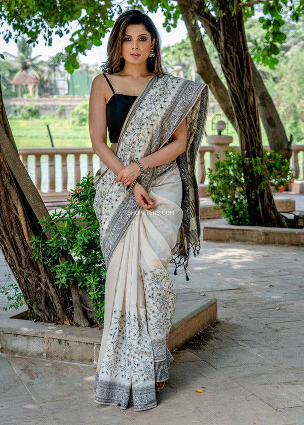 Off White Semi Silk Heavy Embroidered Saree