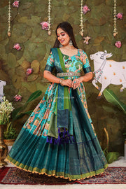 Aqua Blue and Mehendi Green Banarasi Silk Dress With Belt