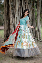 Aqua Blue Banarasi Silk Dress With Red Dupatta