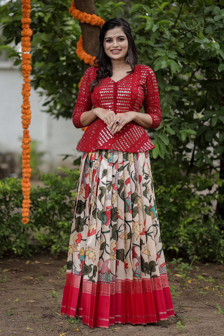 Red Embroidery Top With Cream Kalamkari Skirt