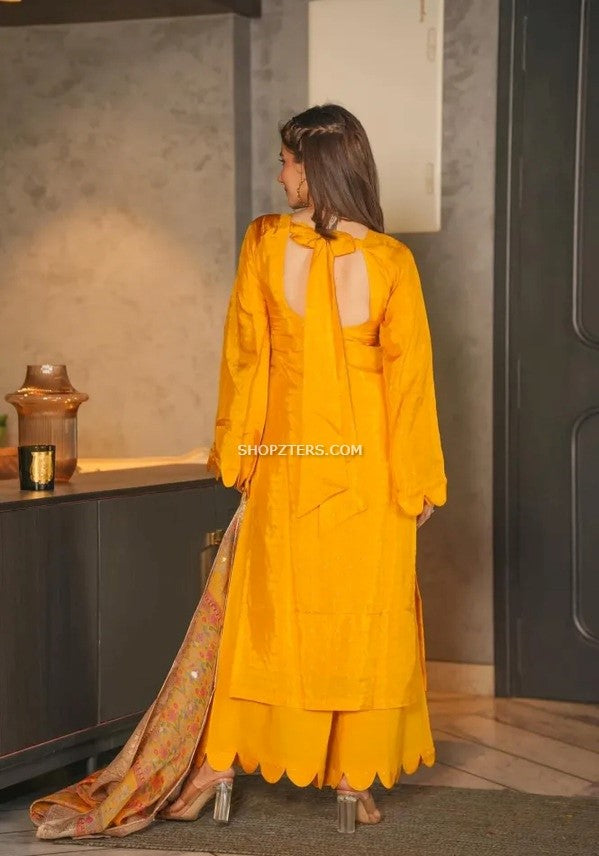 Yellow Silk Suit Set With Organza Dupatta