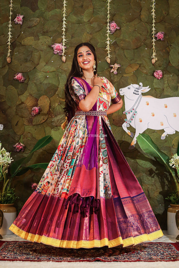 Ivory Kalamkari Banarasi Silk Dress With Purple Dupatta & Belt