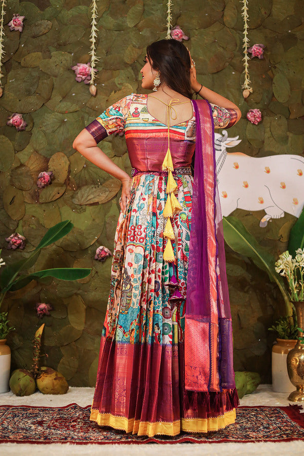 Ivory Kalamkari Banarasi Silk Dress With Purple Dupatta & Belt