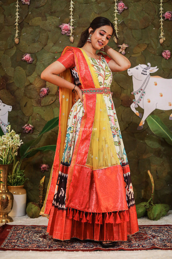 Ivory and Red Banarasi Silk Dress With Yellow Net Dupatta