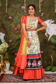 Ivory and Red Banarasi Silk Dress With Yellow Net Dupatta