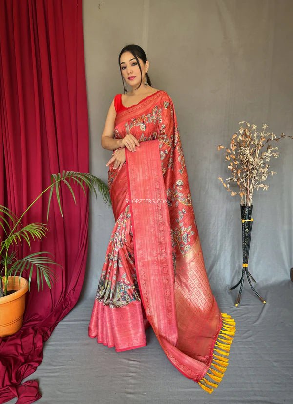 Banarasi Silk Woven Saree With Kalamkari Prints
