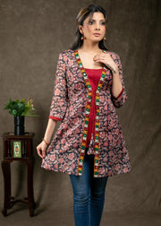 Peach & Red Floral Print With Kutch Work