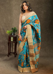 Blue Pure Tussar Silk Saree With Kalamkari Design
