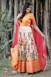 Light Peach And Orange Kalamkari Gown With Laheriya Georgette Dupatta