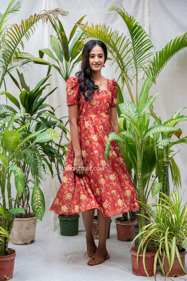 Brick Red Floral Pattern Midi Dress