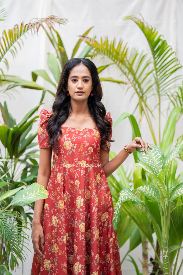 Brick Red Floral Pattern Midi Dress