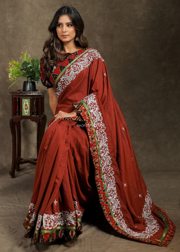 Brown Rayon Saree With Delicate Embroidery