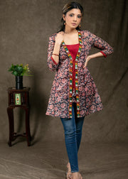 Peach & Red Floral Print With Kutch Work