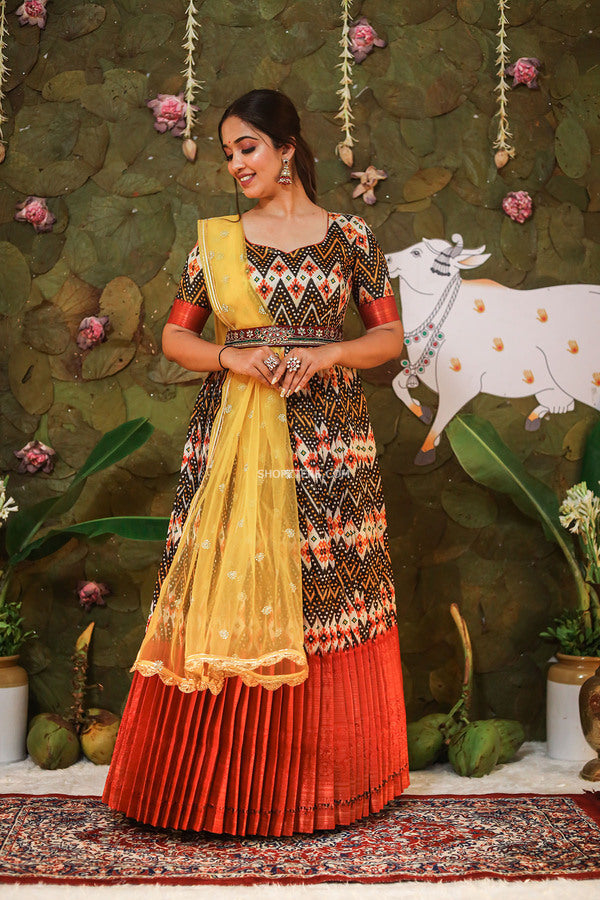 Black & Maroon Banarasi Silk Dress With Yellow Net Dupatta