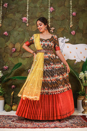 Black & Maroon Banarasi Silk Dress With Yellow Net Dupatta