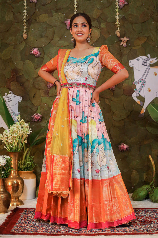 Light Pink and Blue Banarasi Silk Dress With Yellow Dupatta & Belt