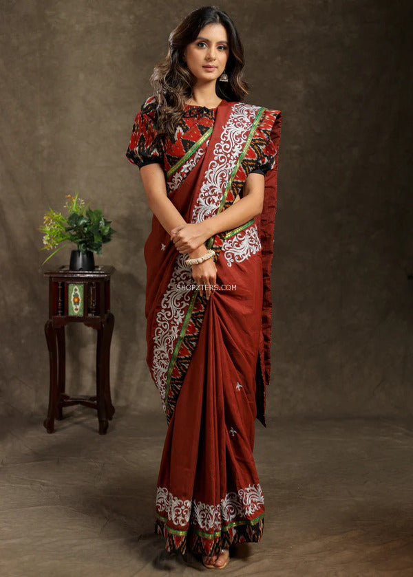 Brown Rayon Saree With Delicate Embroidery